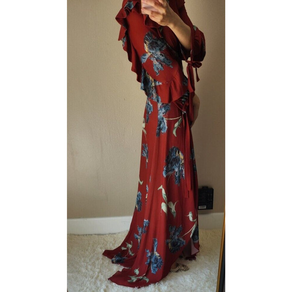 NWD Patbo Floral print Ruffle Side Slit Maxi Dress Size 2 Red V-neck #1D454 - Picture 3 of 14